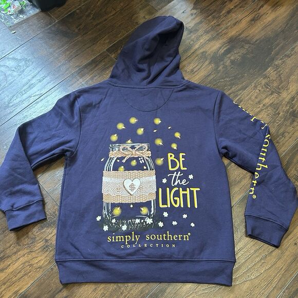 NWT Simply Southern Youth Small Be the Light Hooded Sweatshirt Navy Fireflies - Picture 7 of 7